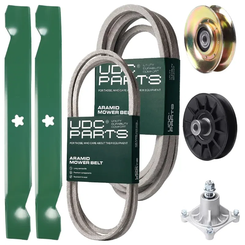 UDC Parts Mower Kit / Belt 138255 + Belt 539117245 + Pulley 127783 + Pulley 532194326 + Spindle 532174356 + 2 Pack Blades 138497 / Fits Husqvarna LT1597