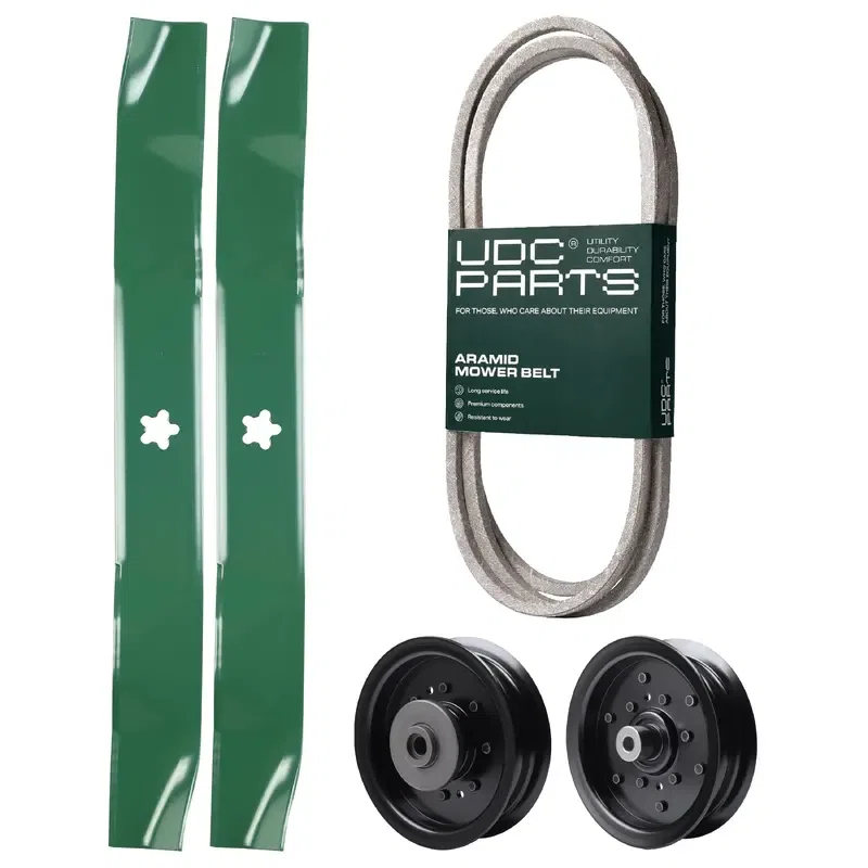UDC Parts Mower Kit / Belt 130969 + Pulley 532196104 + Pulley 532196106 + 2 Pack Blades 134149 / Fits Husqvarna YTH23V42