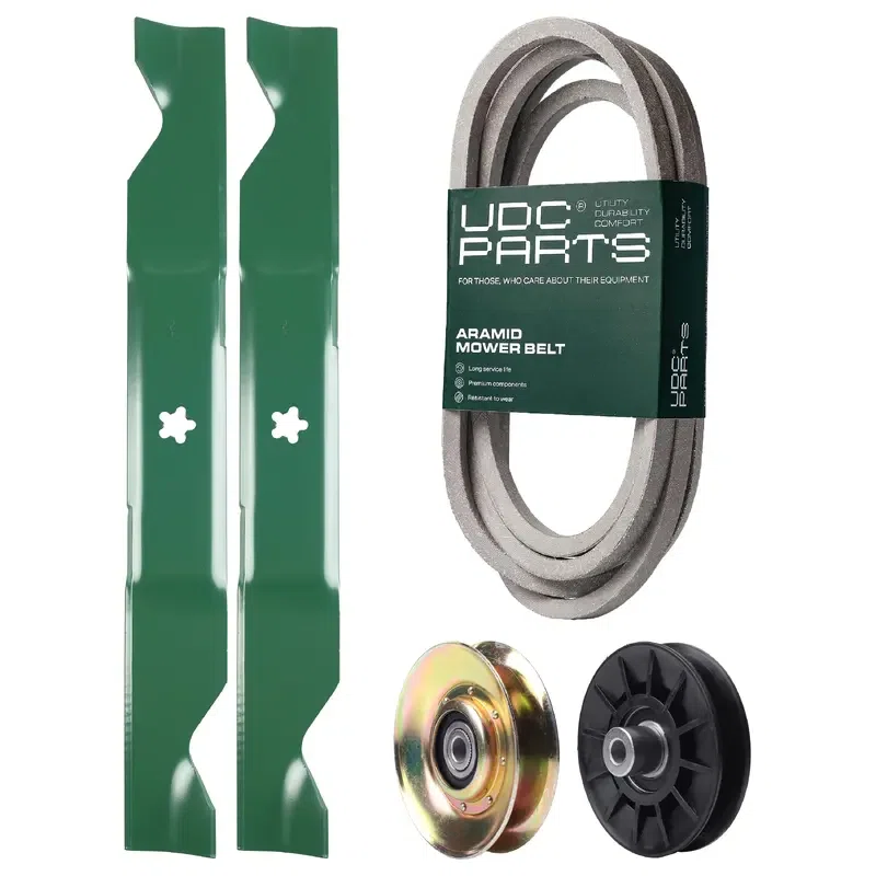 UDC Parts Mower Kit / Belt 539117245 + Pulley 127783 + Pulley 532194326 + 2 Pack Blades 405380 / Fits Husqvarna LT1597