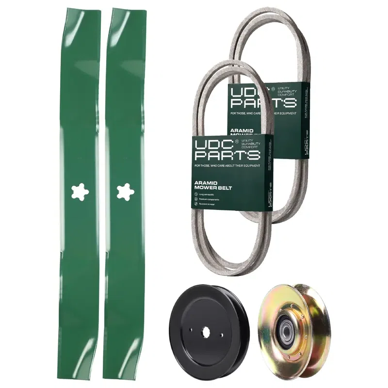 UDC Parts Mower Kit / Belt 144200 + Belt 174883 + Pulley 127783 + Pulley 129861 + 2 Pack Blades 134149 / Fits Husqvarna LTH120 YTH170 YTH180