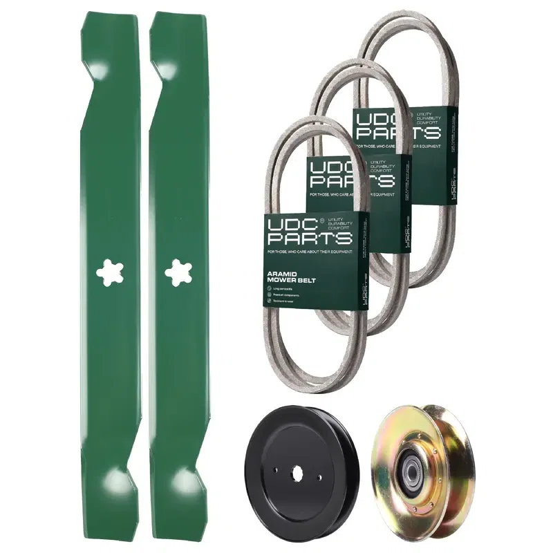 UDC Parts Mower Kit / Belt 532194346 + Belt 138255 + Belt 197253 + Pulley 127783 + Pulley 129861 + 2 Pack Blades 138497 / Fits Husqvarna LT152