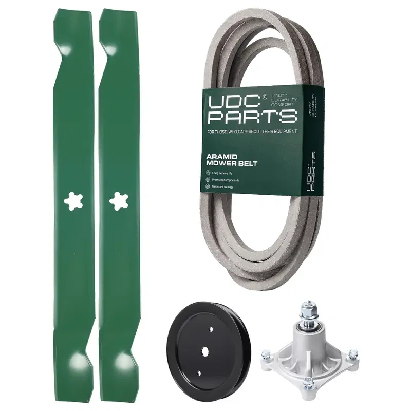 UDC Parts Mower Kit / Belt 539109243 + Pulley 195945 + Spindle 532174356 + 2 Pack Blades 138971 / Fits Husqvarna Z4218 Z4219