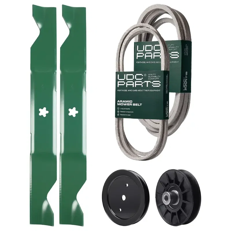 UDC Parts Mower Kit / Belt 130969 + Belt 197242 + Pulley 195945 + Pulley 532194326 + 2 Pack Blades 405380 / Fits Jonsered LT2223A2 LT2320A2