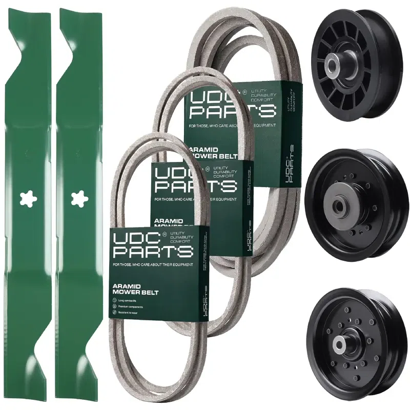 UDC Parts Mower Kit / Belt 130969 + Belt 140218 + Belt 197242 + Pulley 532196104 + Pulley 532196106 + Pulley 532194327 + 2 Pack Blades 405380 / Fits Husqvarna YTH220 Twin