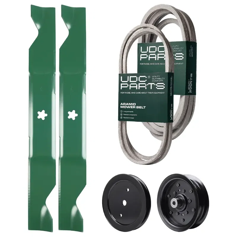 UDC Parts Mower Kit / Belt 197242 + Belt 197253 + Pulley 195945 + Pulley 532196106 + 2 Pack Blades 405380 / Fits Jonsered LT2223A2