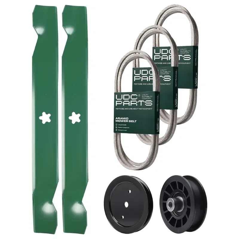 UDC Parts Mower Kit / Belt 130969 + Belt 138255 + Belt 140218 + Pulley 195945 + Pulley 532194327 + 2 Pack Blades 138497 / Fits Jonsered LT2217A