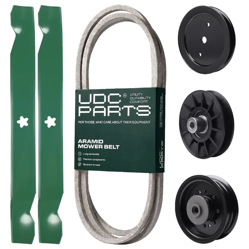 UDC Parts Mower Kit / Belt 130969 + Pulley 195945 + Pulley 532194326 + Pulley 532196104 + 2 Pack Blades 138971 / Fits Husqvarna YTH23V42