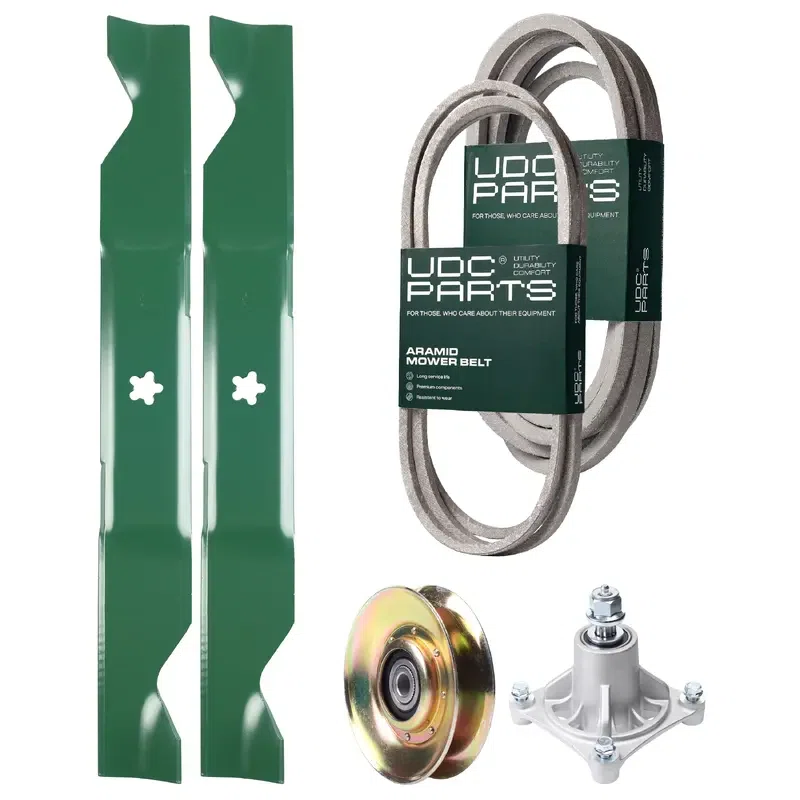 UDC Parts Mower Kit / Belt 138255 + Belt 539117245 + Pulley 127783 + Spindle 532174356 + 2 Pack Blades 405380 / Fits Husqvarna LT1597