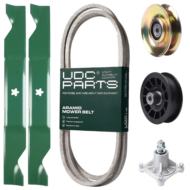UDC Parts Mower Kit / Belt 138255 + Pulley 127783 + Pulley 532194327 + Spindle 532174356 + 2 Pack Blades 405380 / Fits Husqvarna LT1597
