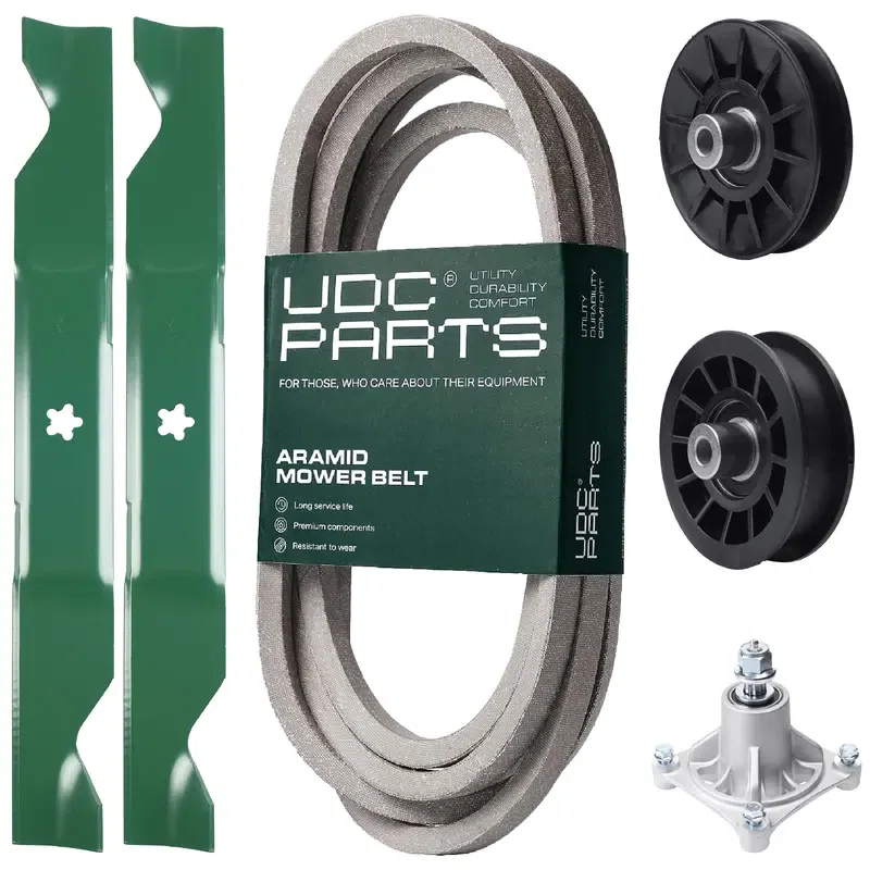 UDC Parts Mower Kit / Belt 539117245 + Pulley 532194326 + Pulley 532194327 + Spindle 532174356 + 2 Pack Blades 405380 / Fits Husqvarna LT1597