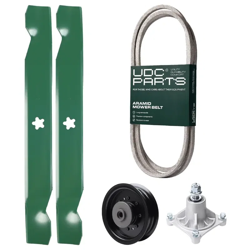 UDC Parts Mower Kit / Belt 138255 + Pulley 532196104 + Spindle 532174356 + 2 Pack Blades 138497 / Fits Husqvarna LT1597
