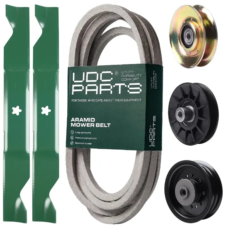 UDC Parts Mower Kit / Belt 539117245 + Pulley 127783 + Pulley 532194326 + Pulley 532196104 + 2 Pack Blades 405380 / Fits Husqvarna LT1597