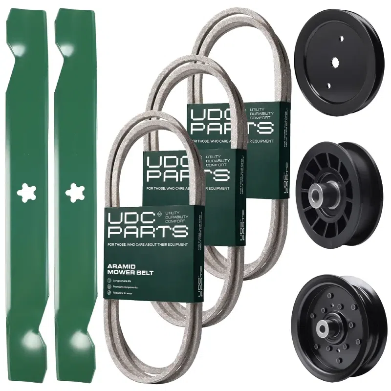 UDC Parts Mower Kit / Belt 194346 + Belt 138255 + Belt 197253 + Pulley 195945 + Pulley 532196106 + Pulley 532194327 + 2 Pack Blades 138497 / Fits Jonsered LT2216