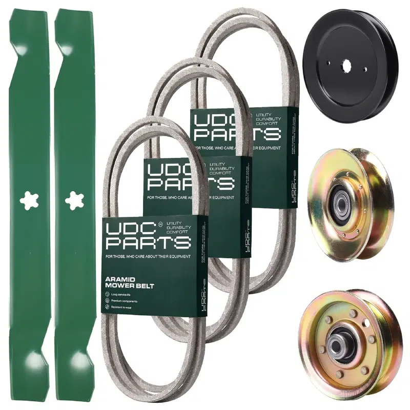 UDC Parts Mower Kit / Belt 140294 + Belt 174368 + Belt 180808 + Pulley 127783 + Pulley 129861 + Pulley 173437 + 2 Pack Blades 138971 / Fits Jonsered LT2122A2