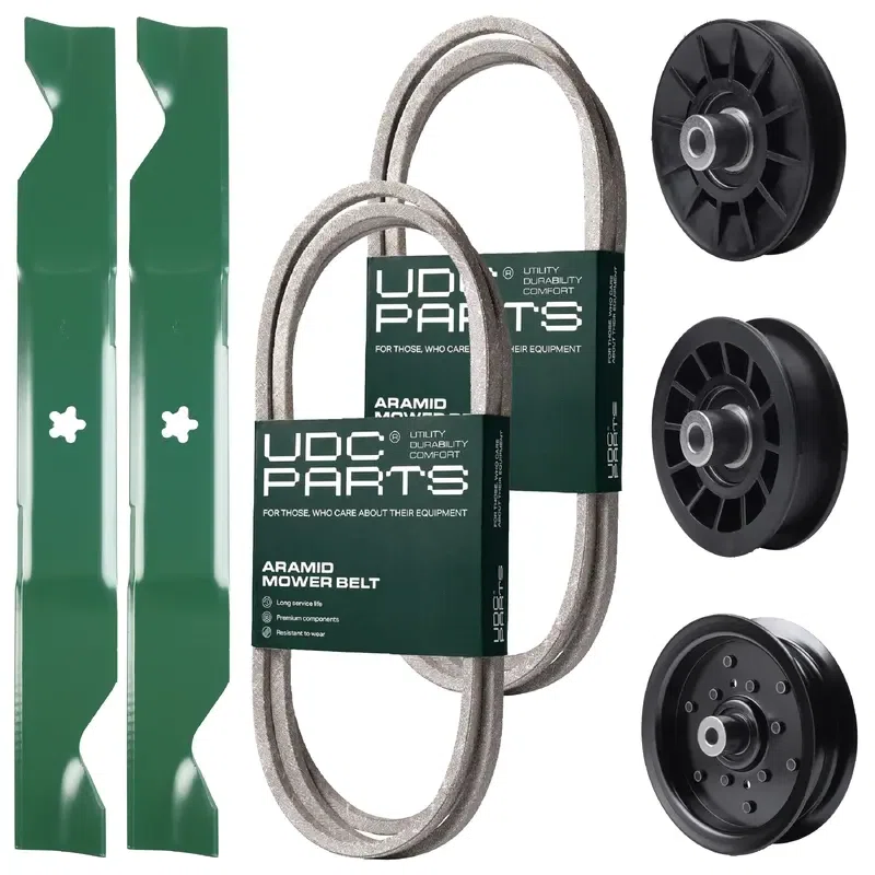 UDC Parts Mower Kit / Belt 140218 + Belt 405143 + Pulley 532194326 + Pulley 532196106 + Pulley 532194327 + 2 Pack Blades 405380 / Fits Husqvarna YTH220 Twin