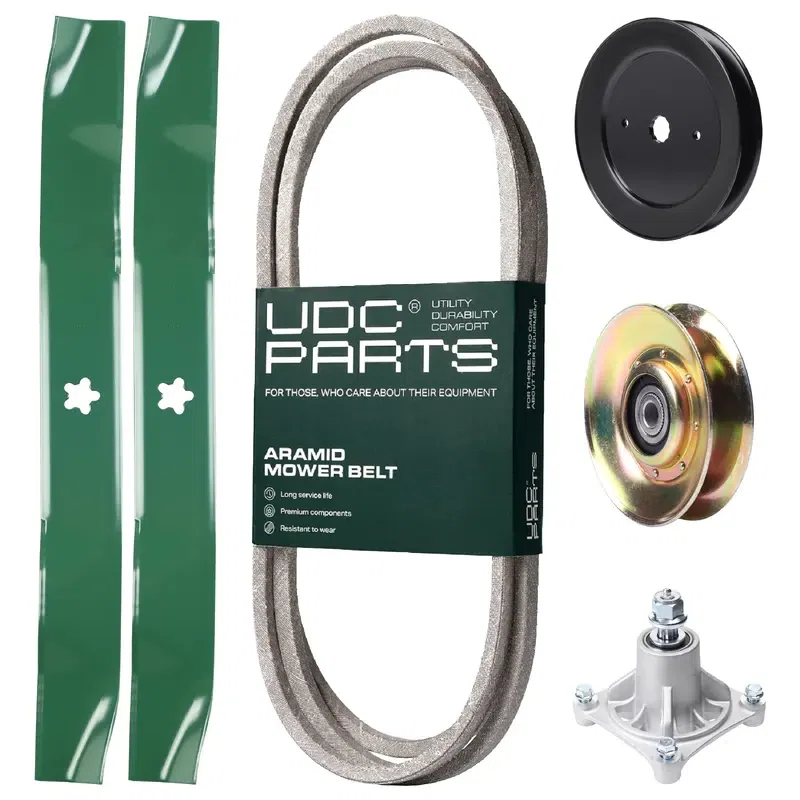 UDC Parts Mower Kit / Belt 174883 + Pulley 127783 + Pulley 129861 + Spindle 532174356 + 2 Pack Blades 134149 / Fits Husqvarna LTH1542