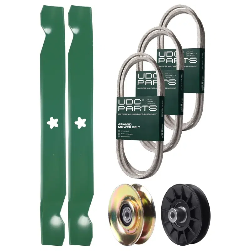 UDC Parts Mower Kit / Belt 532194346 + Belt 138255 + Belt 197253 + Pulley 127783 + Pulley 532194326 + 2 Pack Blades 138971 / Fits Husqvarna LT152