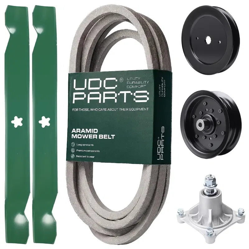UDC Parts Mower Kit / Belt 539114557 + Pulley 129861 + Pulley 532196106 + Spindle 532174356 + 2 Pack Blades 138971 / Fits Husqvarna RZ4219 RZ4619 RZ4620 RZ5422 RZ5424