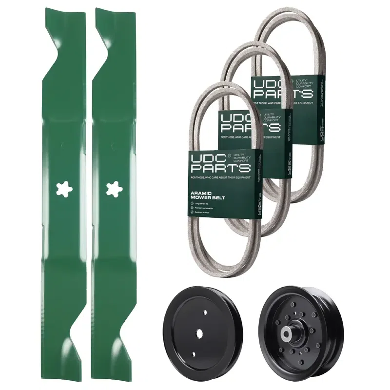 UDC Parts Mower Kit / Belt 130969 + Belt 197253 + Belt 405143 + Pulley 195945 + Pulley 532196106 + 2 Pack Blades 405380 / Fits Husqvarna YTH20K46