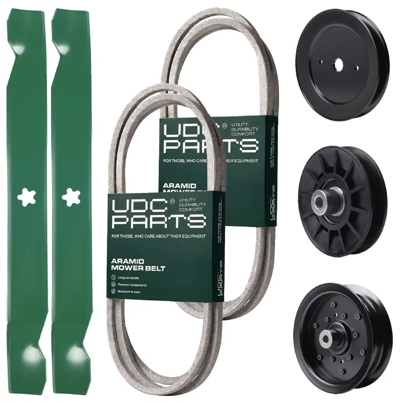 UDC Parts Mower Kit / Belt 140218 + Belt 144959 + Pulley 129861 + Pulley 532194326 + Pulley 532196106 + 2 Pack Blades 138971 / Fits Husqvarna LOYTH20F42T YTH2042 XP YTH20F42T YTH2242T