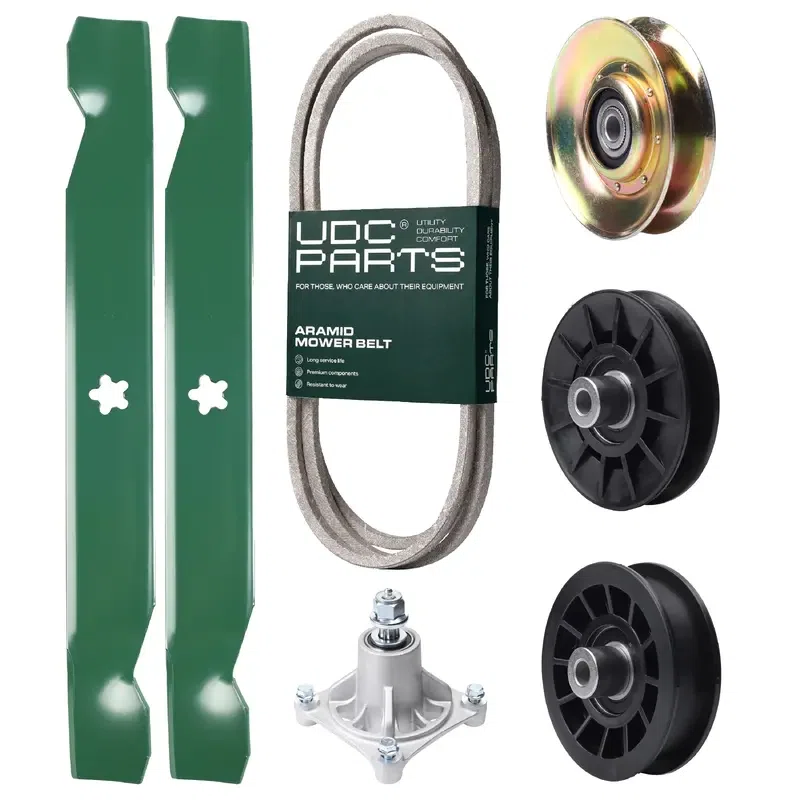 UDC Parts Mower Kit / Belt 194346 + Pulley 127783 + Pulley 532194326 + Pulley 532194327 + Spindle 532174356 + 2 Pack Blades 138497 / Fits Husqvarna LT1597