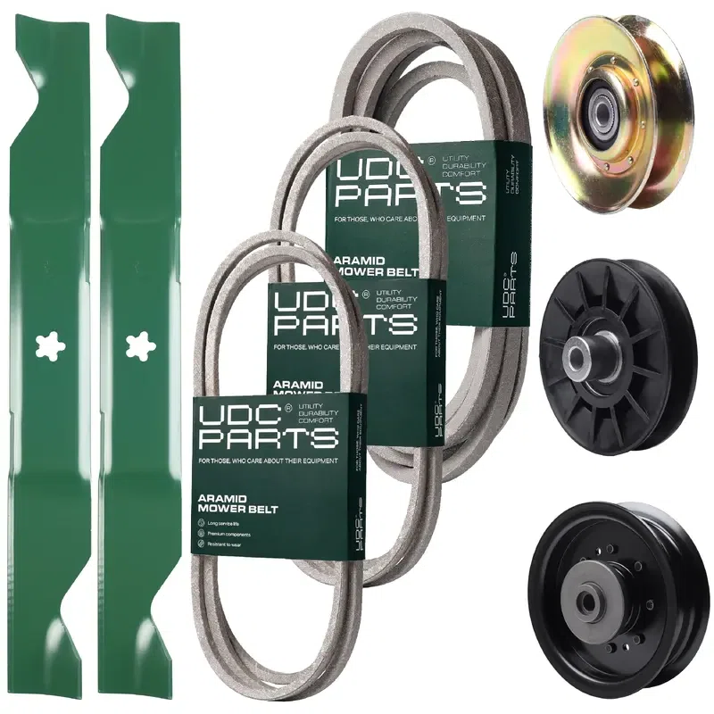 UDC Parts Mower Kit / Belt 138255 + Belt 194346 + Belt 539117245 + Pulley 127783 + Pulley 532194326 + Pulley 532196104 + 2 Pack Blades 405380 / Fits Husqvarna LT1597