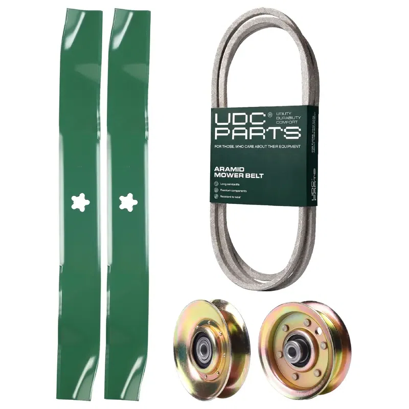 UDC Parts Mower Kit / Belt 144959 + Pulley 127783 + Pulley 173437 + 2 Pack Blades 134149 / Fits Poulan Pro BB18542LT BB185H42LT BB185H42YT BB24H42YT CN1842STA CO1842STA CO18H42STA DPR20H42STA PB155G42