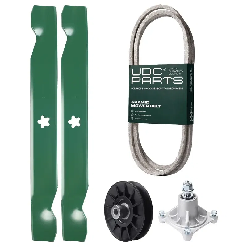 UDC Parts Mower Kit / Belt 194346 + Pulley 532194326 + Spindle 532174356 + 2 Pack Blades 138497 / Fits Husqvarna LT1597