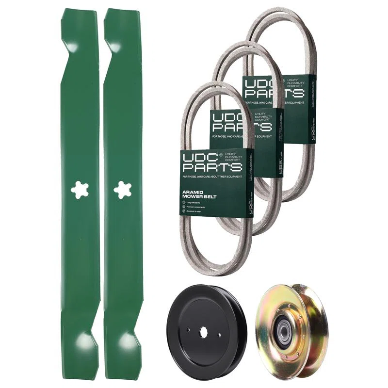 UDC Parts Mower Kit / Belt 140294 + Belt 144959 + Belt 174883 + Pulley 127783 + Pulley 129861 + 2 Pack Blades 138971 / Fits Jonsered LT16A LT18A