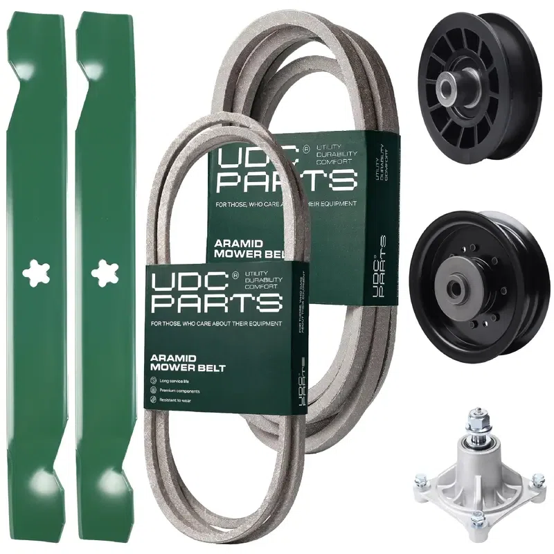 UDC Parts Mower Kit / Belt 194346 + Belt 539117245 + Pulley 532194327 + Pulley 532196104 + Spindle 532174356 + 2 Pack Blades 138497 / Fits Husqvarna LT1597