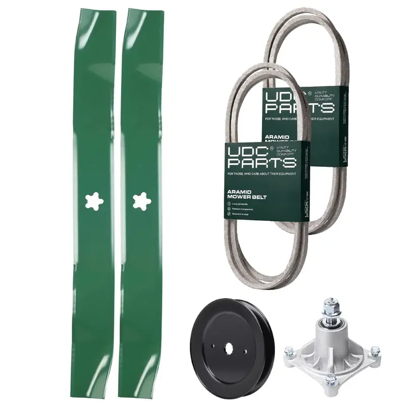 UDC Parts Mower Kit / Belt 140294 + Belt 144959 + Pulley 129861 + Spindle 532174356 + 2 Pack Blades 134149 / Fits Husqvarna LTH1542 YTH130