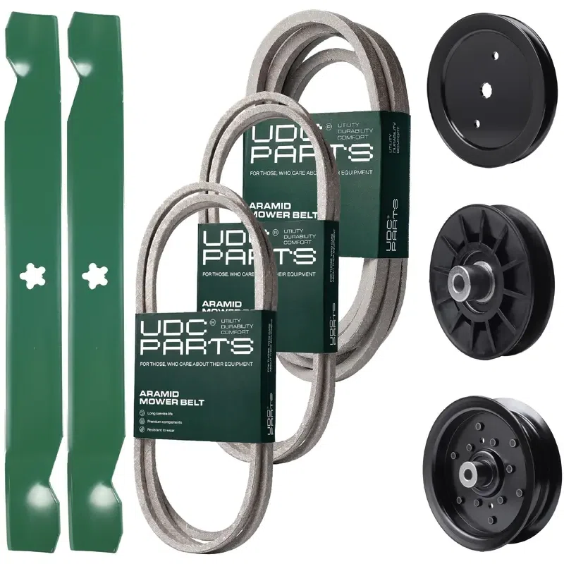 UDC Parts Mower Kit / Belt 140218 + Belt 197242 + Belt 197253 + Pulley 195945 + Pulley 532194326 + Pulley 532196106 + 2 Pack Blades 138971 / Fits Jonsered LT2223A2