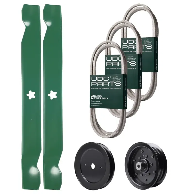UDC Parts Mower Kit / Belt 130969 + Belt 140218 + Belt 144959 + Pulley 129861 + Pulley 532196106 + 2 Pack Blades 138971 / Fits Jonsered LT2218A2