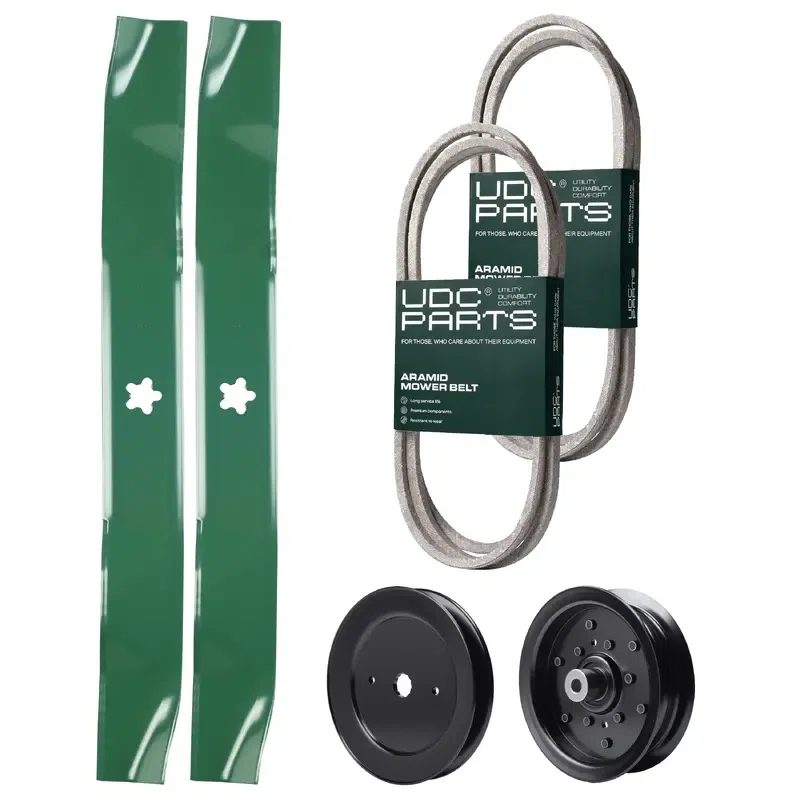 UDC Parts Mower Kit / Belt 130969 + Belt 144959 + Pulley 129861 + Pulley 532196106 + 2 Pack Blades 134149 / Fits Husqvarna 2042LS LOYTH20F42T LTH174 LTH2142 LTH2142D LTH2142DR TS242 TS243 TS243T