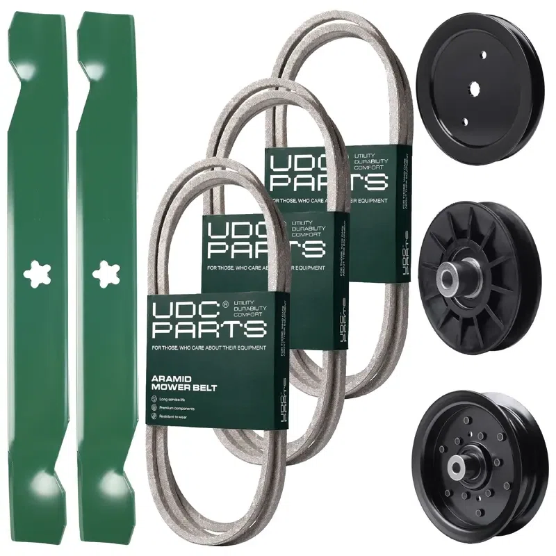 UDC Parts Mower Kit / Belt 130969 + Belt 194346 + Belt 140218 + Pulley 195945 + Pulley 532194326 + Pulley 532196106 + 2 Pack Blades 138497 / Fits Jonsered LT2216A2