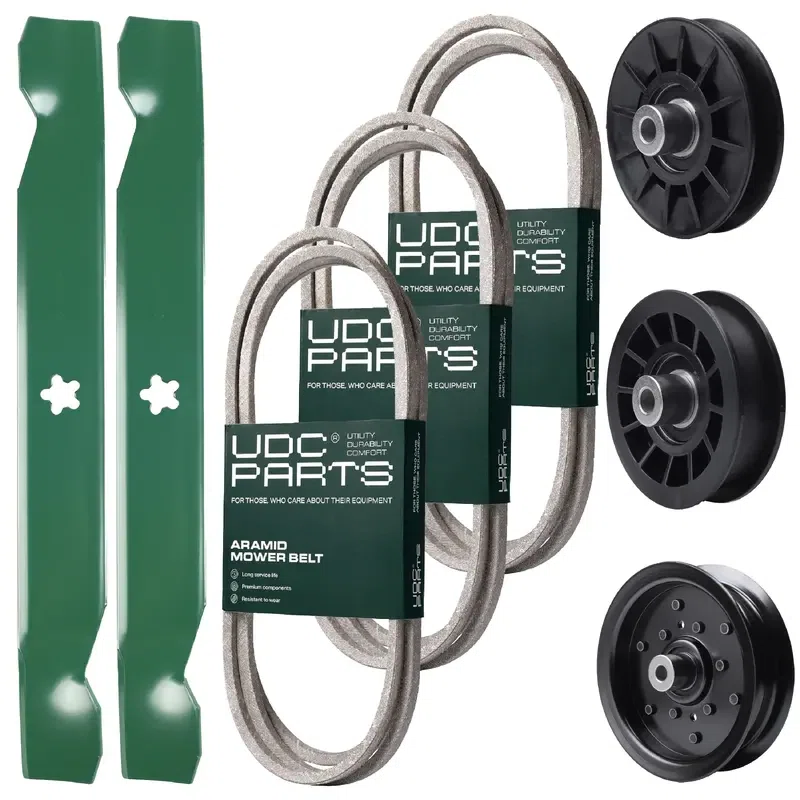 UDC Parts Mower Kit / Belt 138255 + Belt 140218 + Belt 197253 + Pulley 532194326 + Pulley 532196106 + Pulley 532194327 + 2 Pack Blades 138497 / Fits Jonsered LT2217A