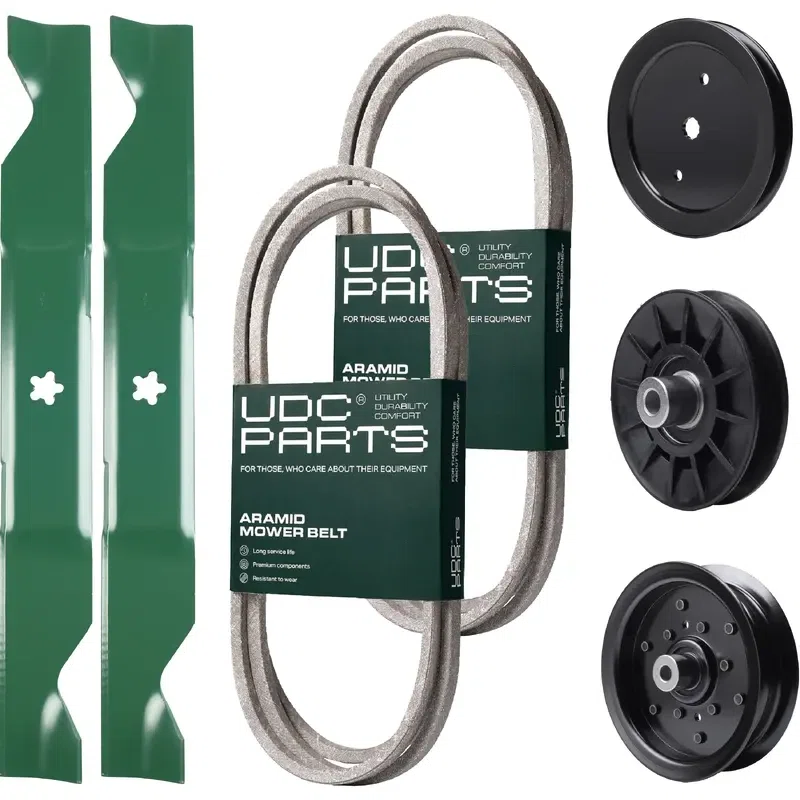 UDC Parts Mower Kit / Belt 130969 + Belt 405143 + Pulley 195945 + Pulley 532194326 + Pulley 532196106 + 2 Pack Blades 405380 / Fits Husqvarna 2146XLS 2246LS 2346XLS TS246 TS346 YT46LS YTH18K46
