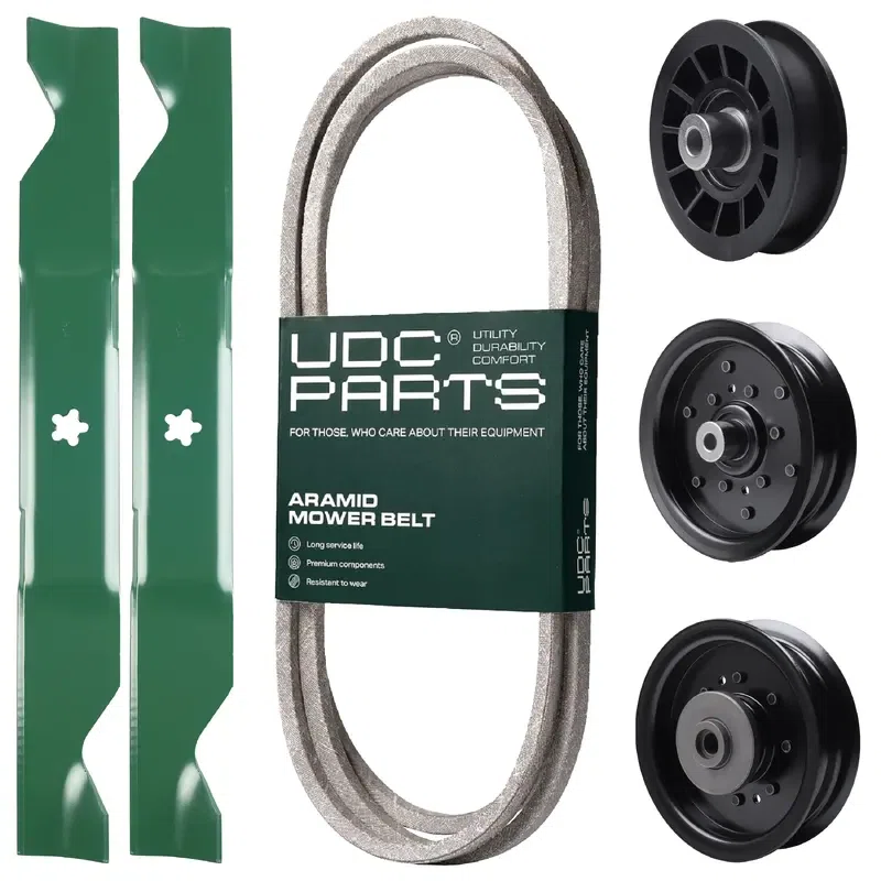 UDC Parts Mower Kit / Belt 130969 + Pulley 532196104 + Pulley 532196106 + Pulley 532194327 + 2 Pack Blades 405380 / Fits Husqvarna YTH220 Twin