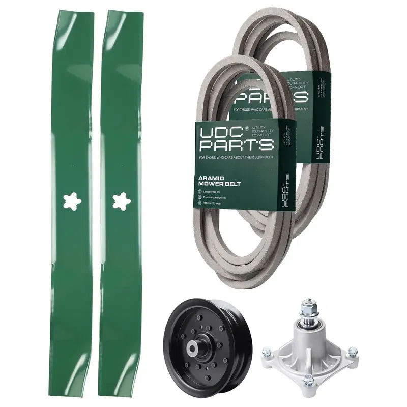 UDC Parts Mower Kit / Belt 539114557 + Belt 539117245 + Pulley 532196106 + Spindle 532174356 + 2 Pack Blades 134149 / Fits Husqvarna RZ4219 RZ4619 RZ4620 RZ5422 RZ5424