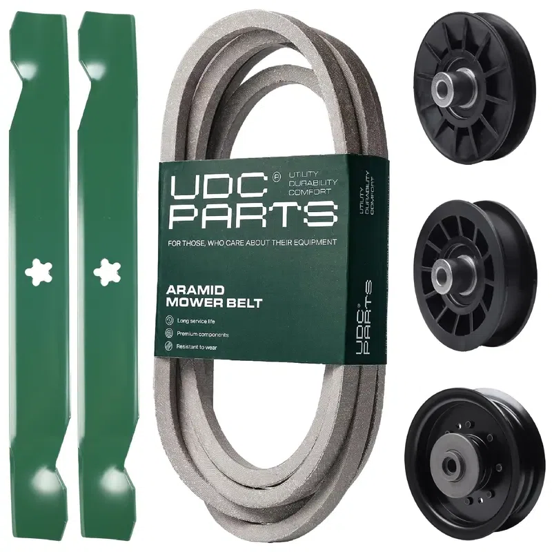 UDC Parts Mower Kit / Belt 539117245 + Pulley 532194326 + Pulley 532194327 + Pulley 532196104 + 2 Pack Blades 138497 / Fits Husqvarna LT1597