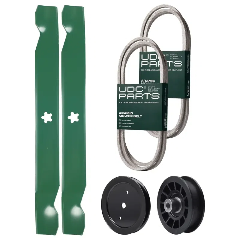 UDC Parts Mower Kit / Belt 144959 + Belt 197253 + Pulley 195945 + Pulley 532194327 + 2 Pack Blades 138971 / Fits Husqvarna LTH171