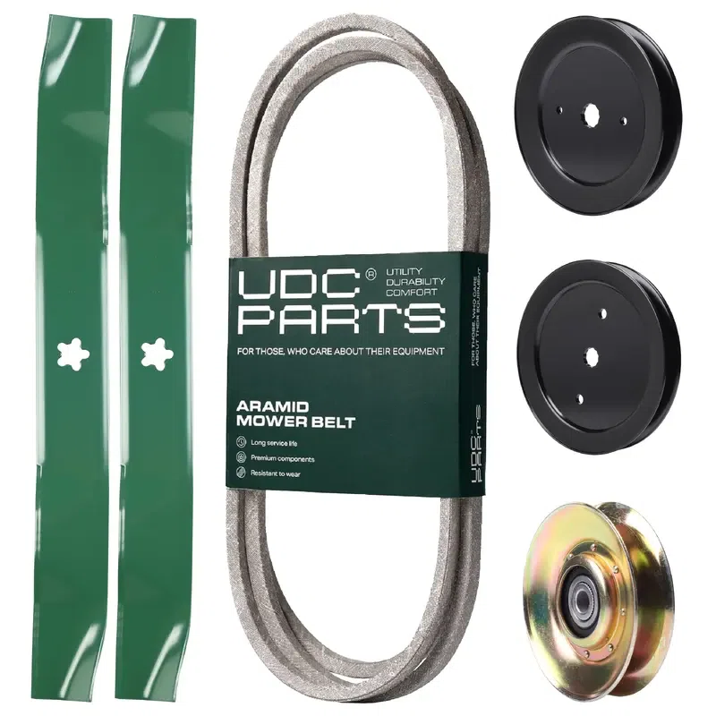 UDC Parts Mower Kit / Belt 144959 + Pulley 127783 + Pulley 129861 + Pulley 195945 + 2 Pack Blades 134149 / Fits Husqvarna YTH1842