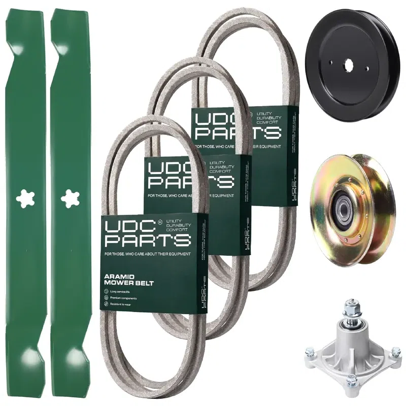 UDC Parts Mower Kit / Belt 140294 + Belt 174368 + Belt 180808 + Pulley 127783 + Pulley 129861 + Spindle 532174356 + 2 Pack Blades 138971 / Fits Jonsered LT2122A2