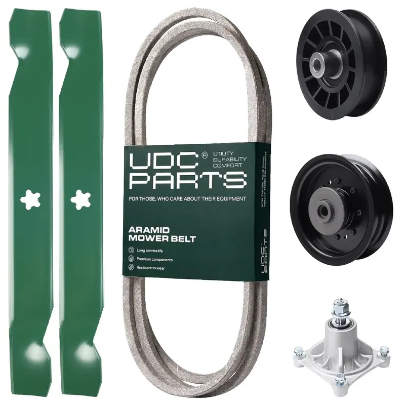 UDC Parts Mower Kit / Belt 194346 + Pulley 532194327 + Pulley 532196104 + Spindle 532174356 + 2 Pack Blades 138497 / Fits Husqvarna LT1597