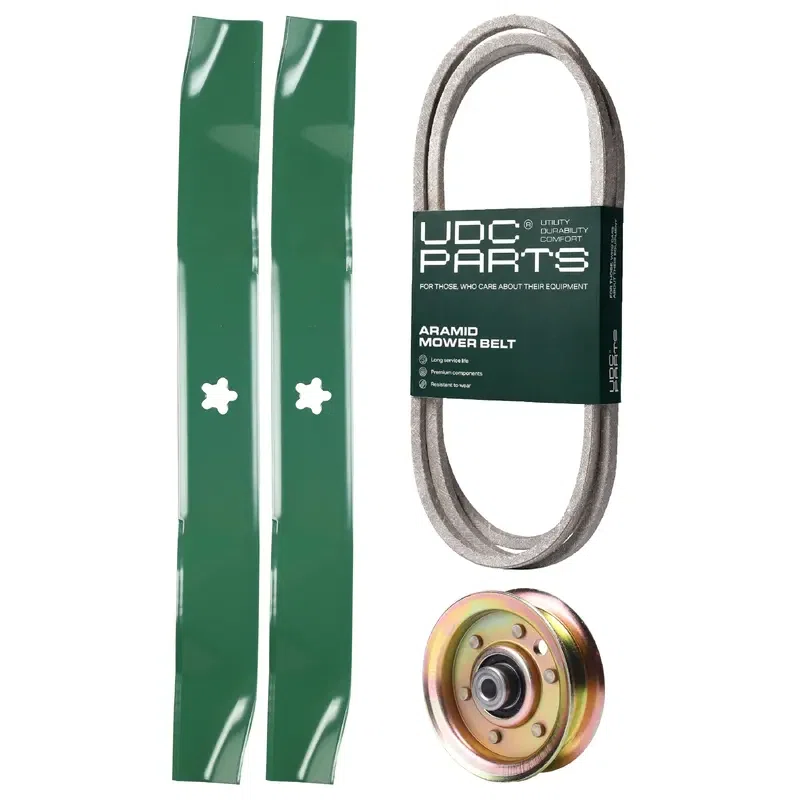 UDC Parts Mower Kit / Belt 532144959 + Pulley 532173437 + 2 Pack Blades 134149 / Fits Weed Eater WET1742STA WET17H42STA WET2242STB WET2242STC WET2242STD
