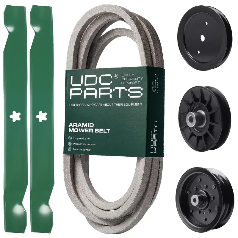 UDC Parts Mower Kit / Belt 197242 + Pulley 195945 + Pulley 532194326 + Pulley 532196106 + 2 Pack Blades 138971 / Fits Jonsered LT2223A2
