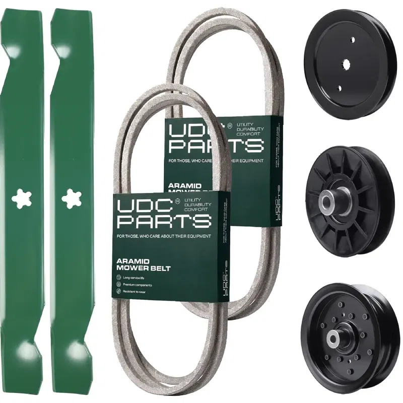 UDC Parts Mower Kit / Belt 130969 + Belt 138255 + Pulley 195945 + Pulley 532194326 + Pulley 532196106 + 2 Pack Blades 138497 / Fits Jonsered LT2217A