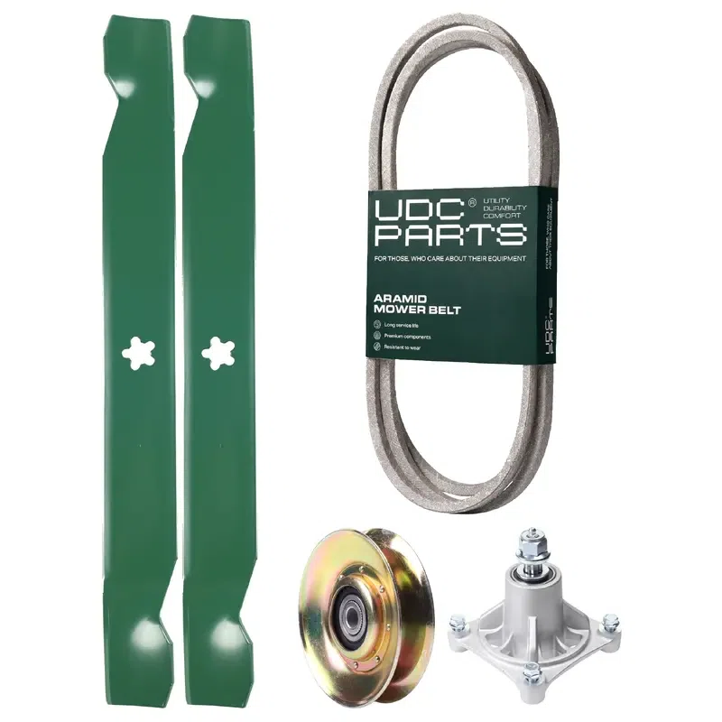 UDC Parts Mower Kit / Belt 140294 + Pulley 127783 + Spindle 532174356 + 2 Pack Blades 138971 / Fits Husqvarna LTH1542 YTH130