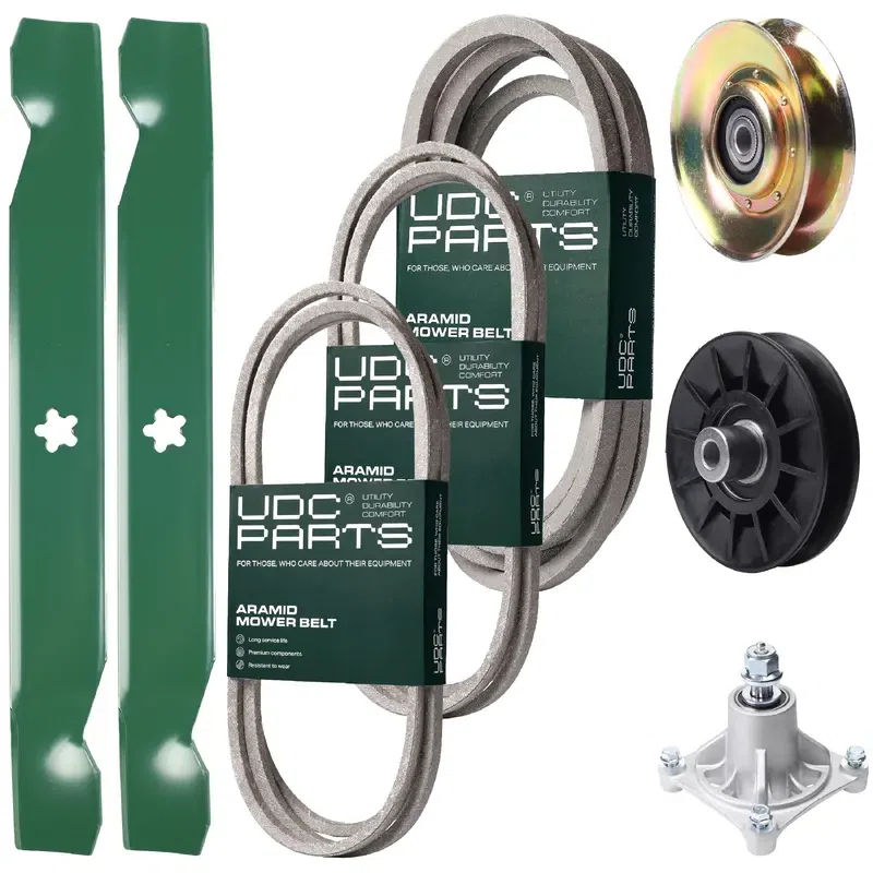 UDC Parts Mower Kit / Belt 138255 + Belt 194346 + Belt 539117245 + Pulley 127783 + Pulley 532194326 + Spindle 532174356 + 2 Pack Blades 138497 / Fits Husqvarna LT1597