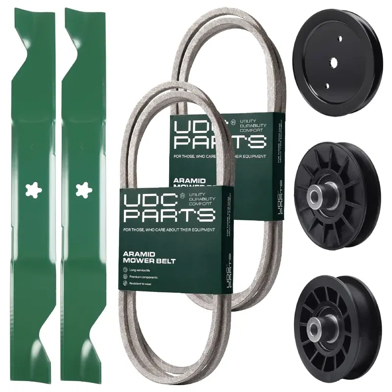 UDC Parts Mower Kit / Belt 194346 + Belt 405143 + Pulley 195945 + Pulley 532194326 + Pulley 532194327 + 2 Pack Blades 405380 / Fits Poulan Pro PB19546LT PP175G46